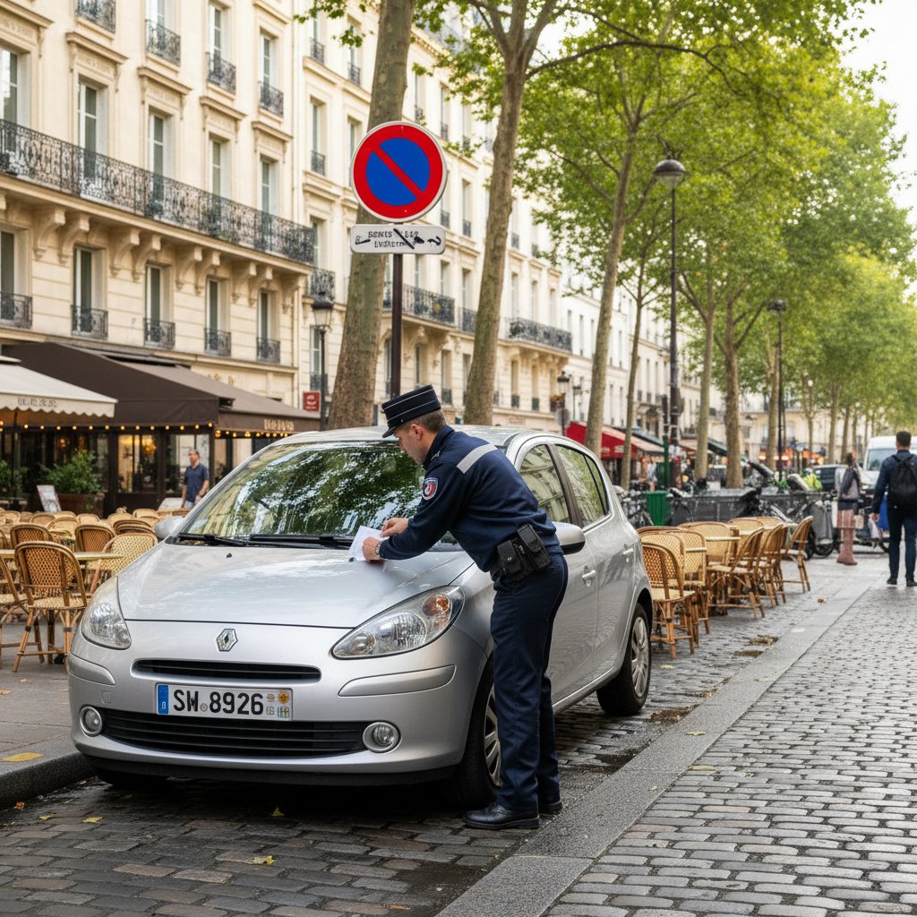 Agent de stationnement verbalisant un véhicule en infraction
