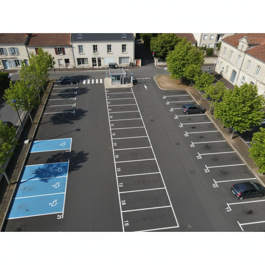 Parking français avec places numérotées et marquage PMR bleu