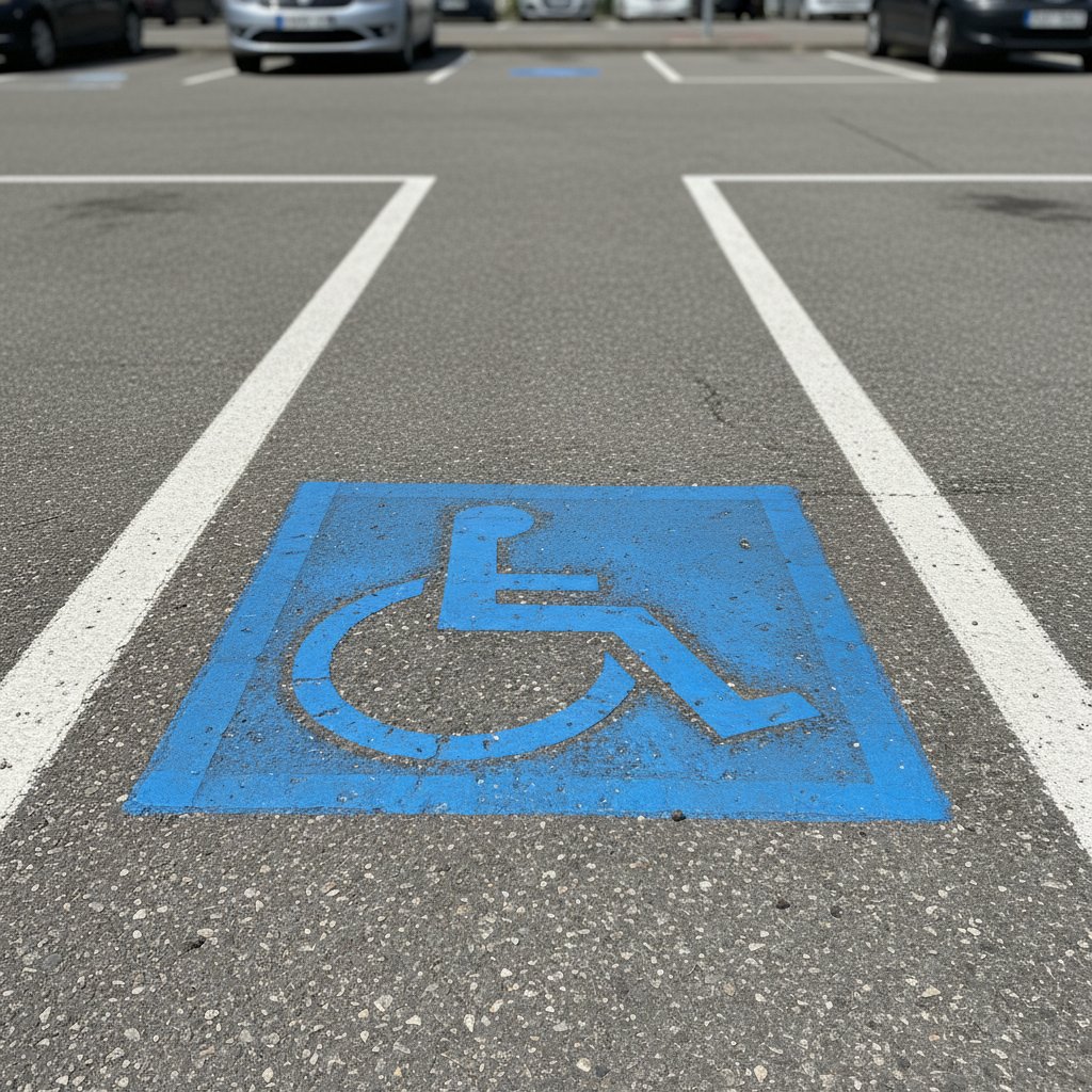 Place de stationnement handicapé avec logo fauteuil roulant peint au sol