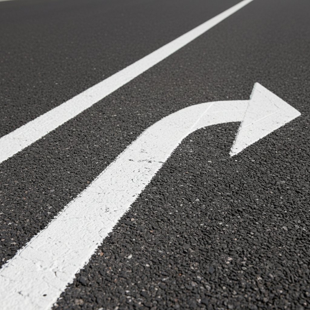 Lignes de marquage blanc et flèches directionnelles sur une route française