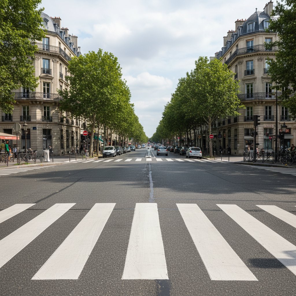 Passage piéton avec bandes blanches fraîchement peintes