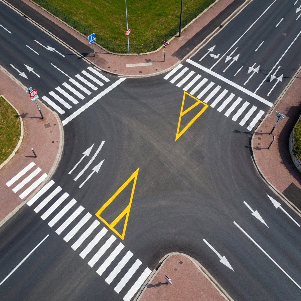 Vue aérienne intersection française marquages routiers
