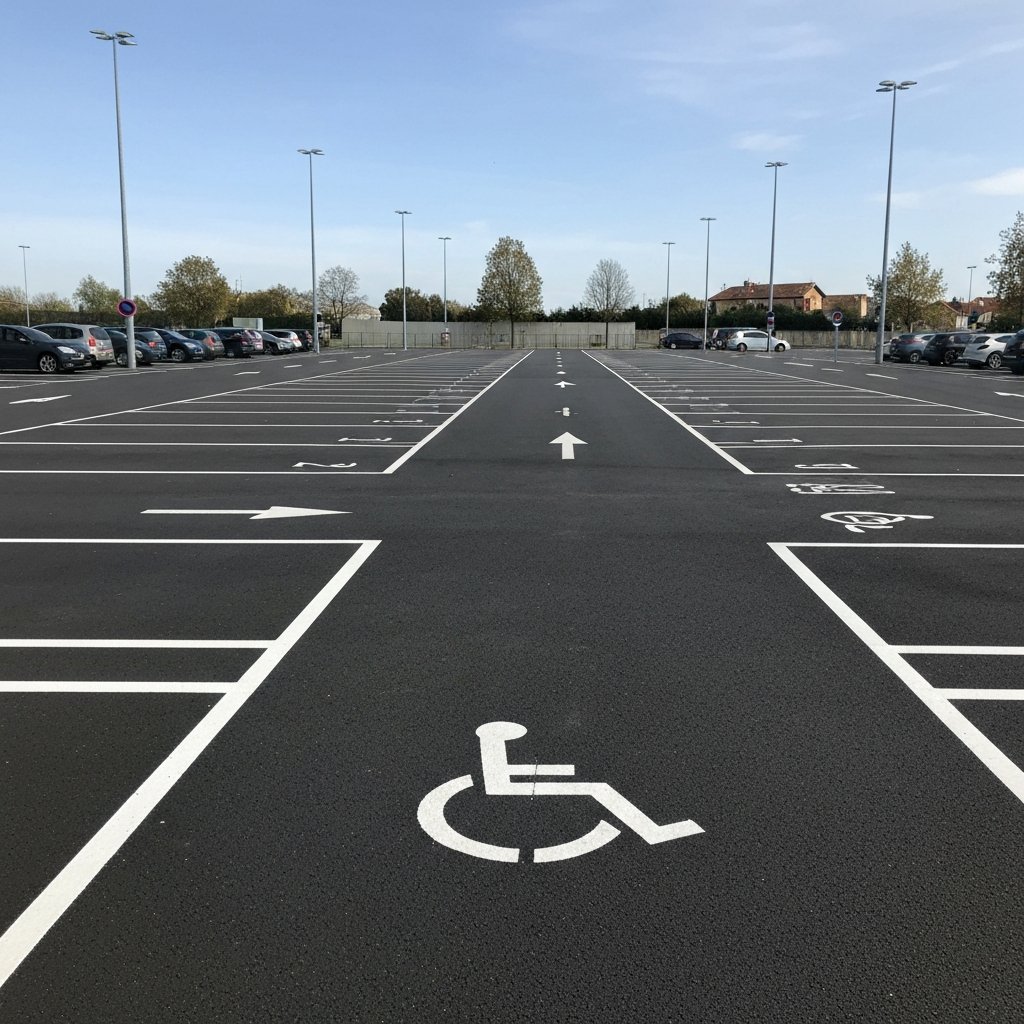 Parking extérieur avec marquage au sol places handicapé