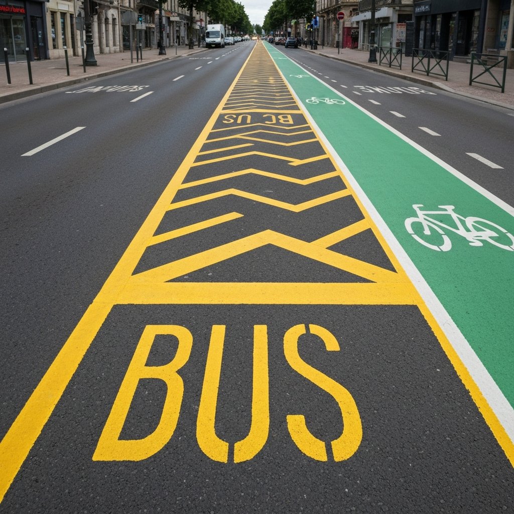 Voie de bus marquage jaune et piste cyclable verte