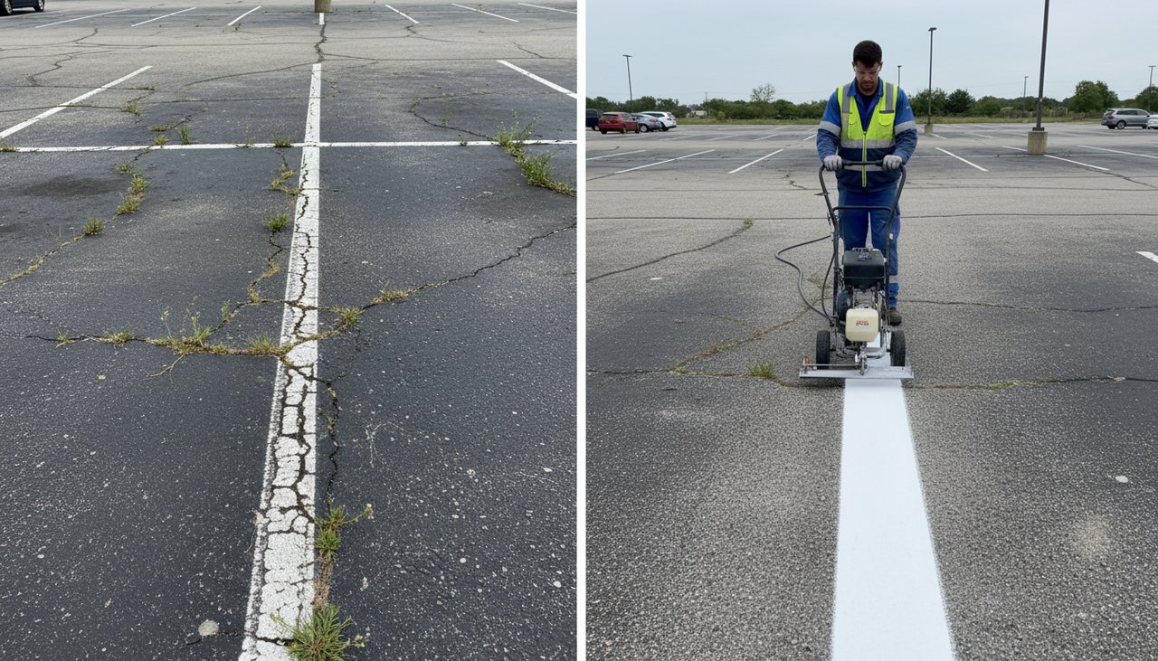 Nettoyage et entretien du marquage au sol d'un parking avec équipement professionnel