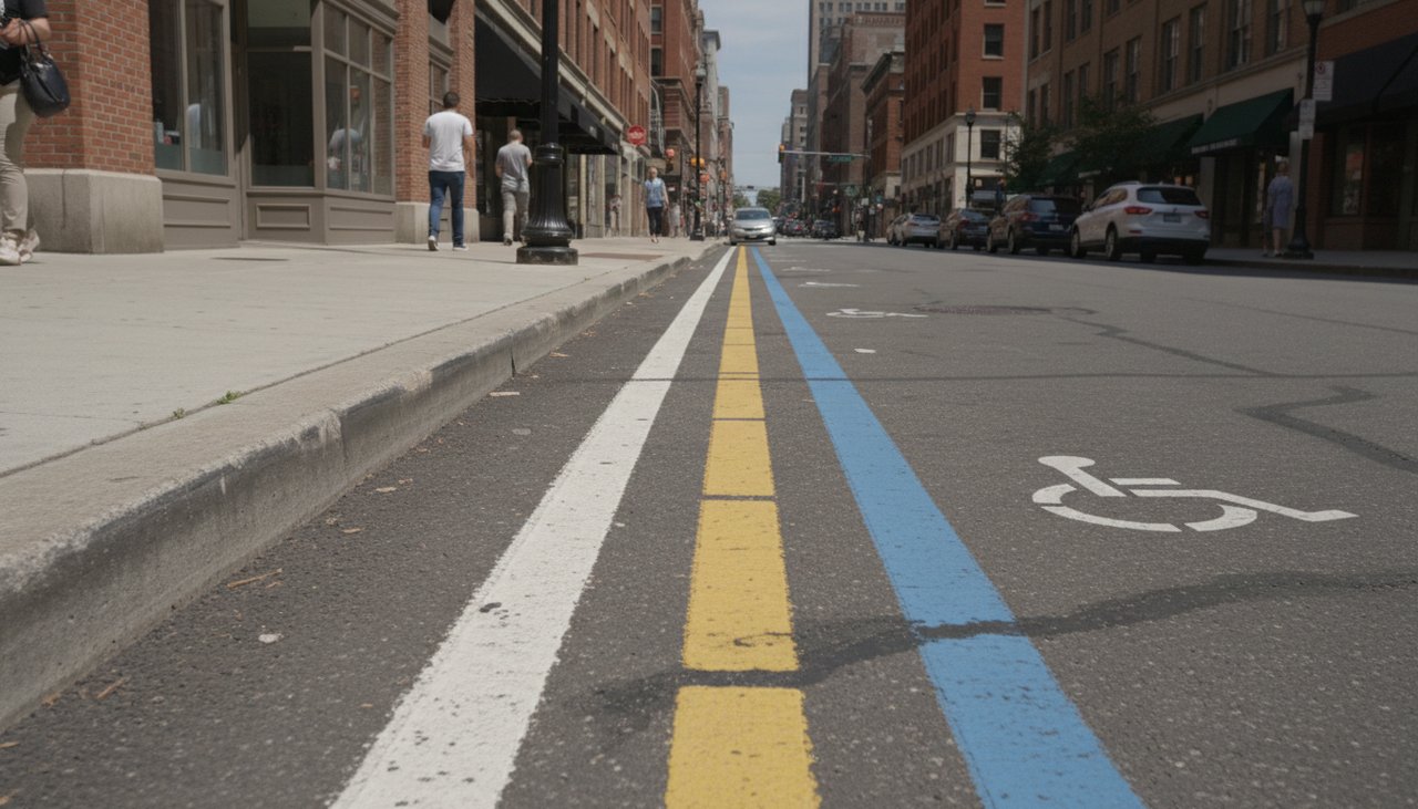 Parking avec différentes lignes de couleur (blanc, jaune, bleu) indiquant les types de stationnement