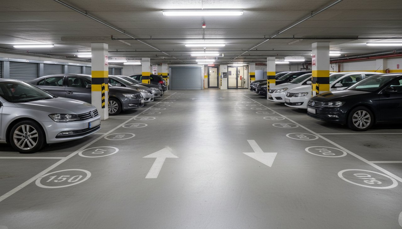 Parking de copropriété avec marquage au sol réglementaire et places numérotées