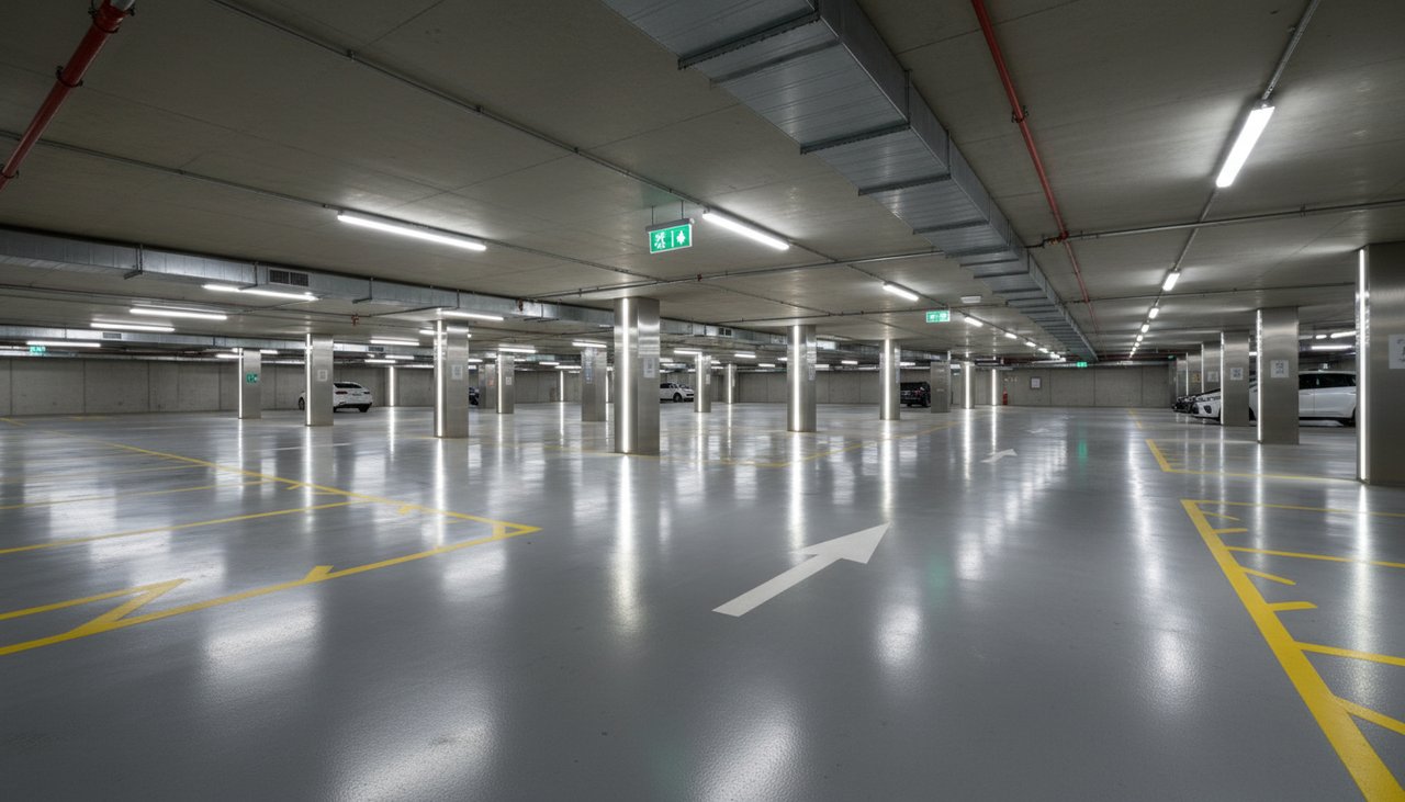 Marquage au sol dans un parking souterrain avec lignes blanches claires