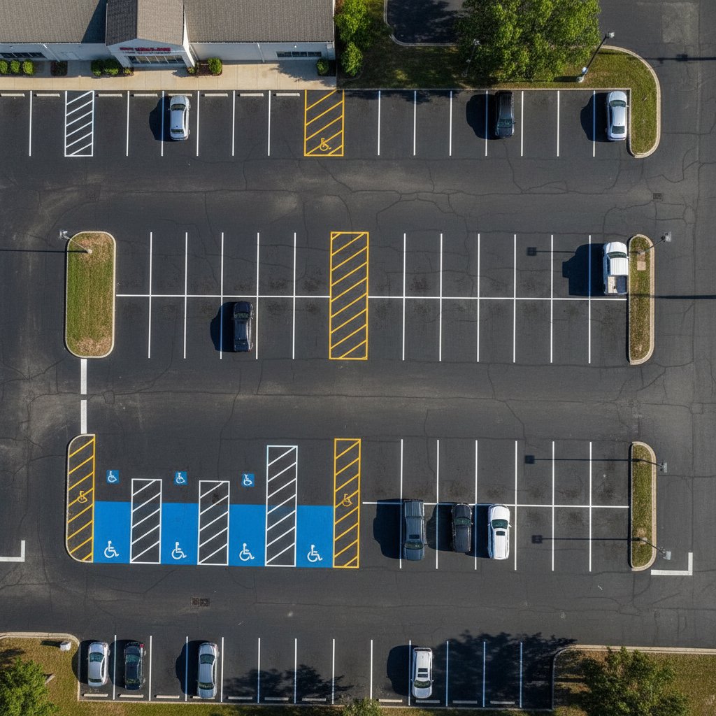 Vue aérienne d'un parking avec marquages de couleurs différentes