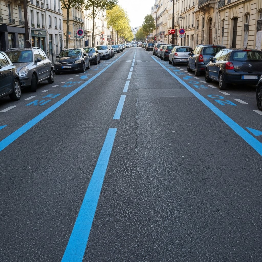 Marquage bleu au sol zone stationnement limité