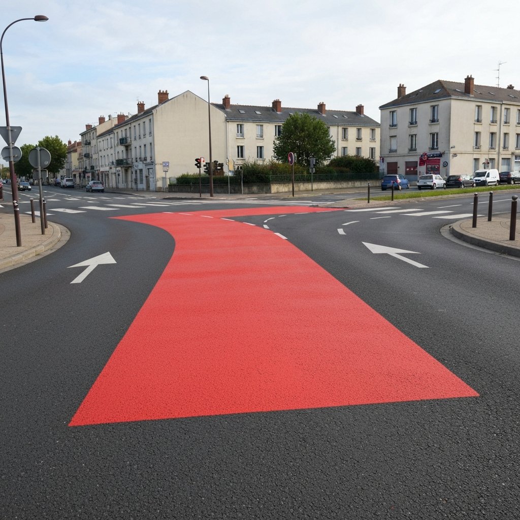 Marquage rouge au sol zone danger intersection