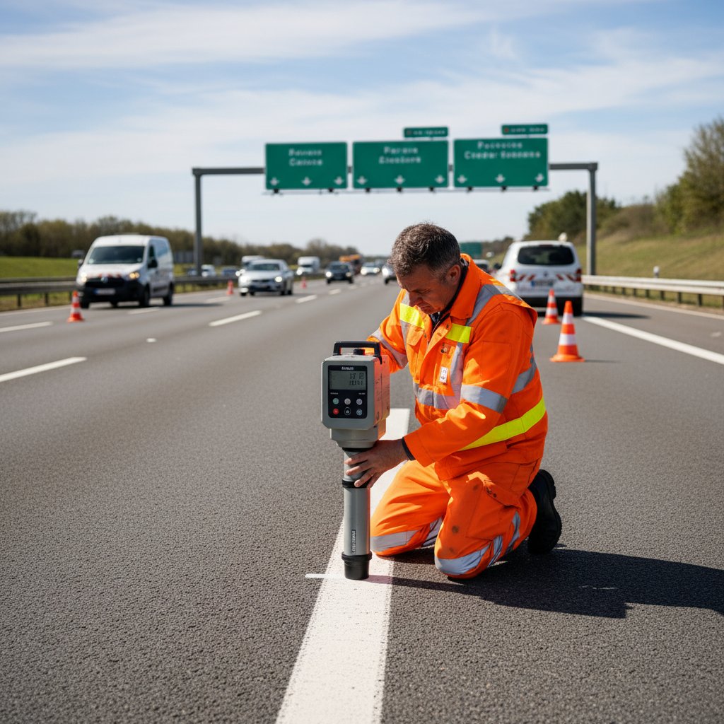 Inspecteur mesurant la rétroréflexion du marquage routier avec un appareil spécialisé