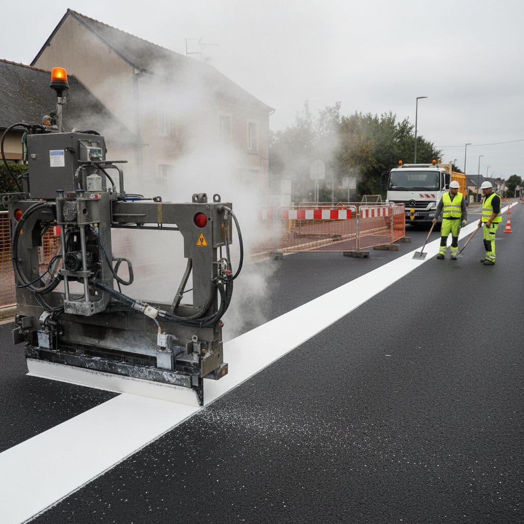 Machine de marquage routier thermoplastique en action sur une route française