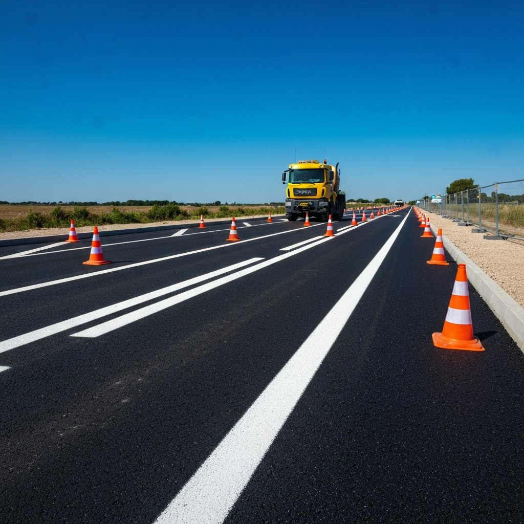 Marquage routier frais sur route neuve avec cônes