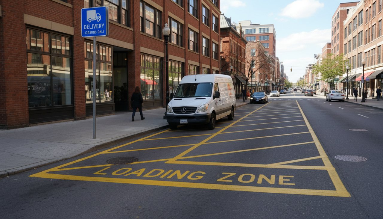 Place de livraison marquée au sol avec panneaux de signalisation