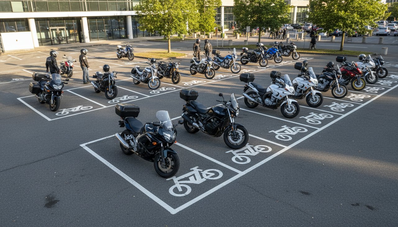Zone de stationnement motos avec marquage au sol réglementaire et supports d'appui