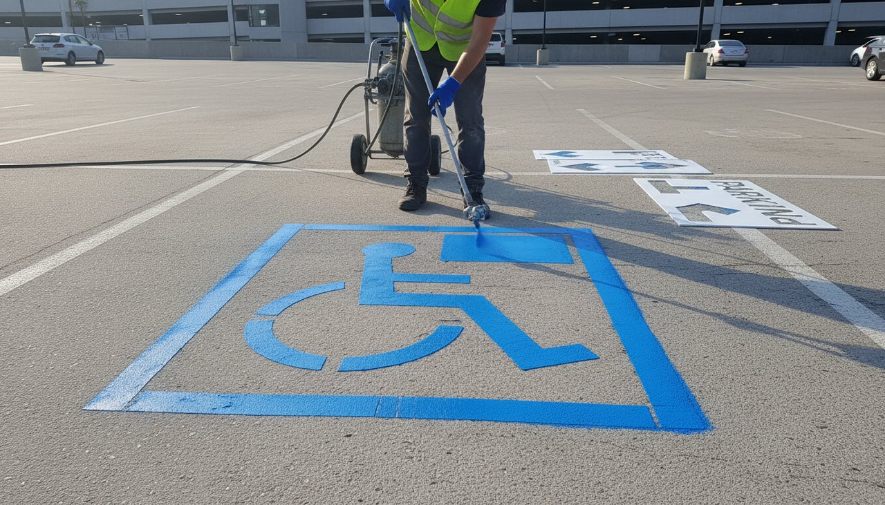 Pochoir marquage au sol parking en plastique rigide avec symboles normalisés