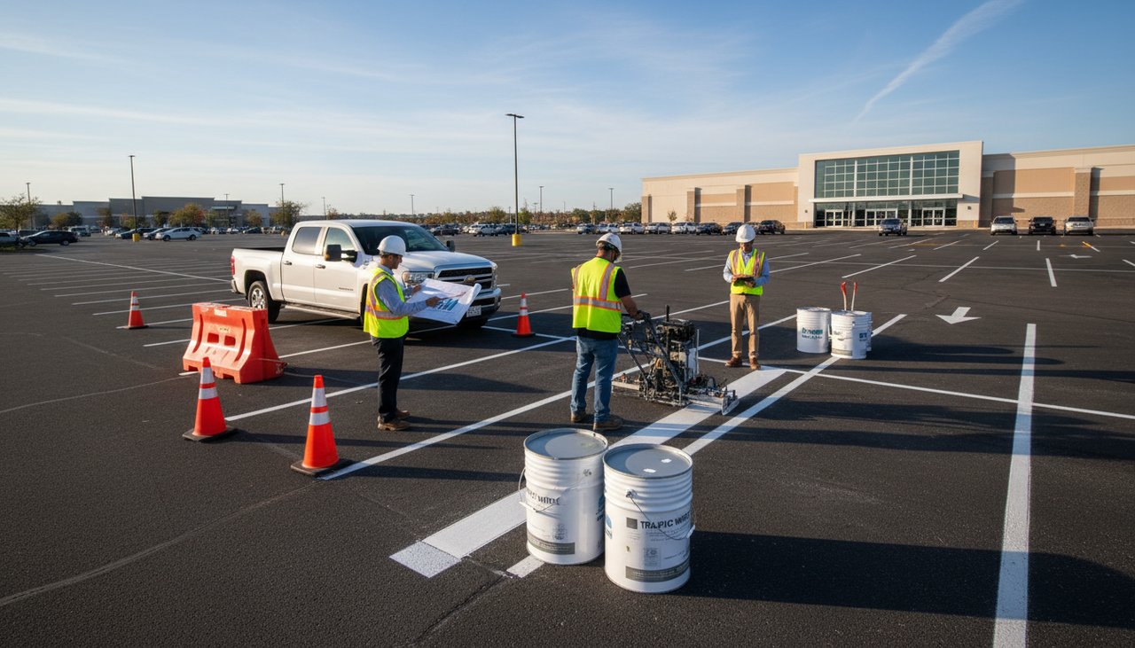 Équipe de professionnels appliquant du marquage au sol dans un parking