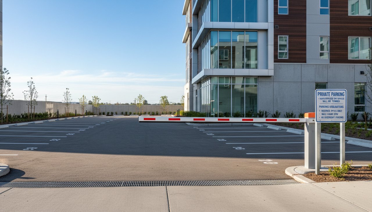Vue aérienne d'un parking privé avec marquage au sol conformé aux normes