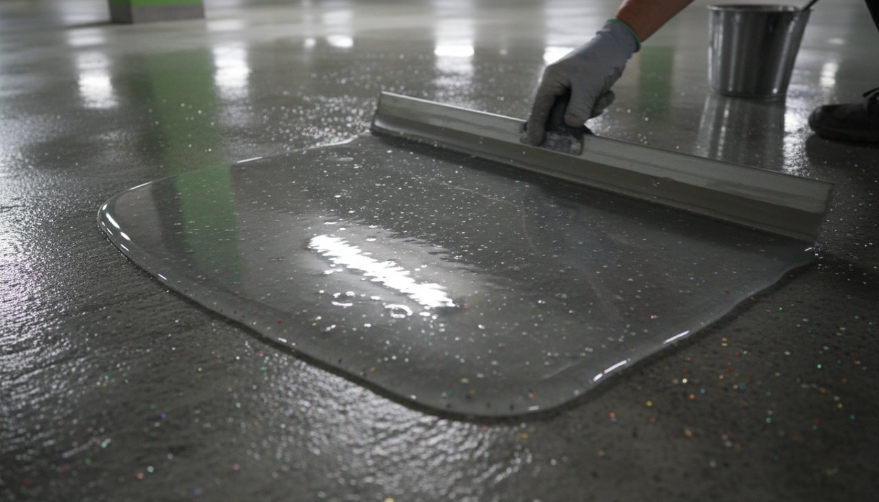 Application de résine époxy sur marquage au sol avec finition professionnelle brillante