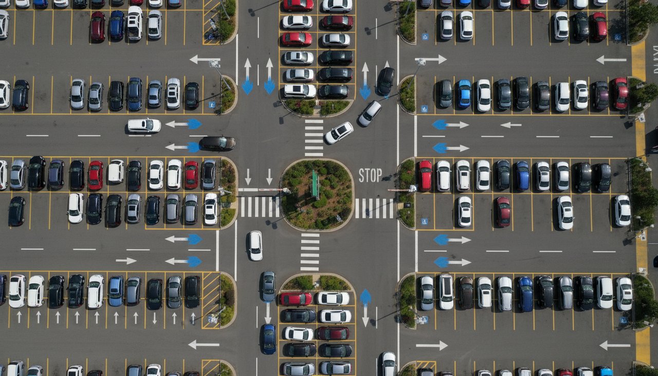 Parking bien aménagé avec flèches directionnelles et sens circulation marqué au sol