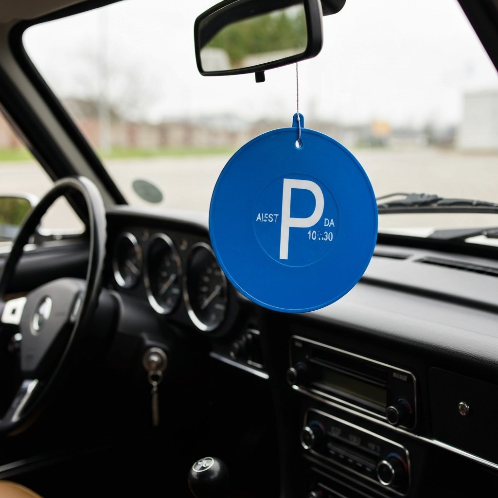 Disque de stationnement bleu derrière pare-brise voiture