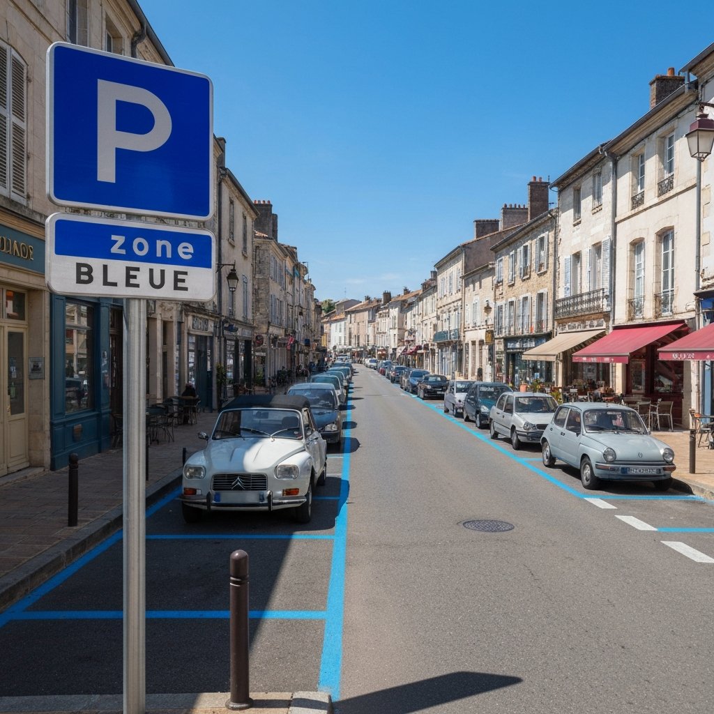 Panneau zone bleue et lignes bleues sur trottoir