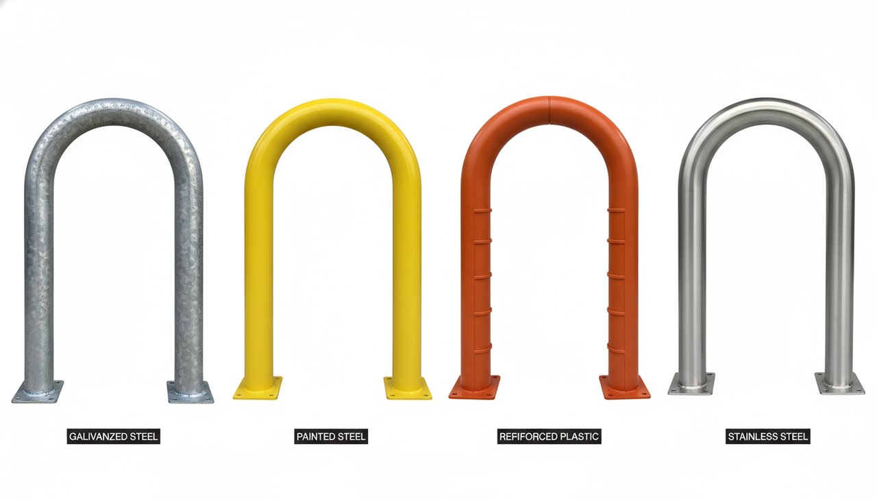 Différents types d'arceaux de parking en acier galvanisé et plastique