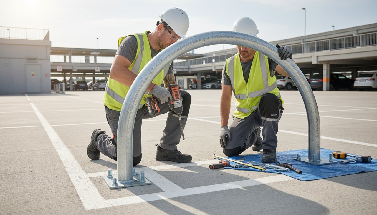 Installation professionnelle d'arceau de parking avec outils de fixation