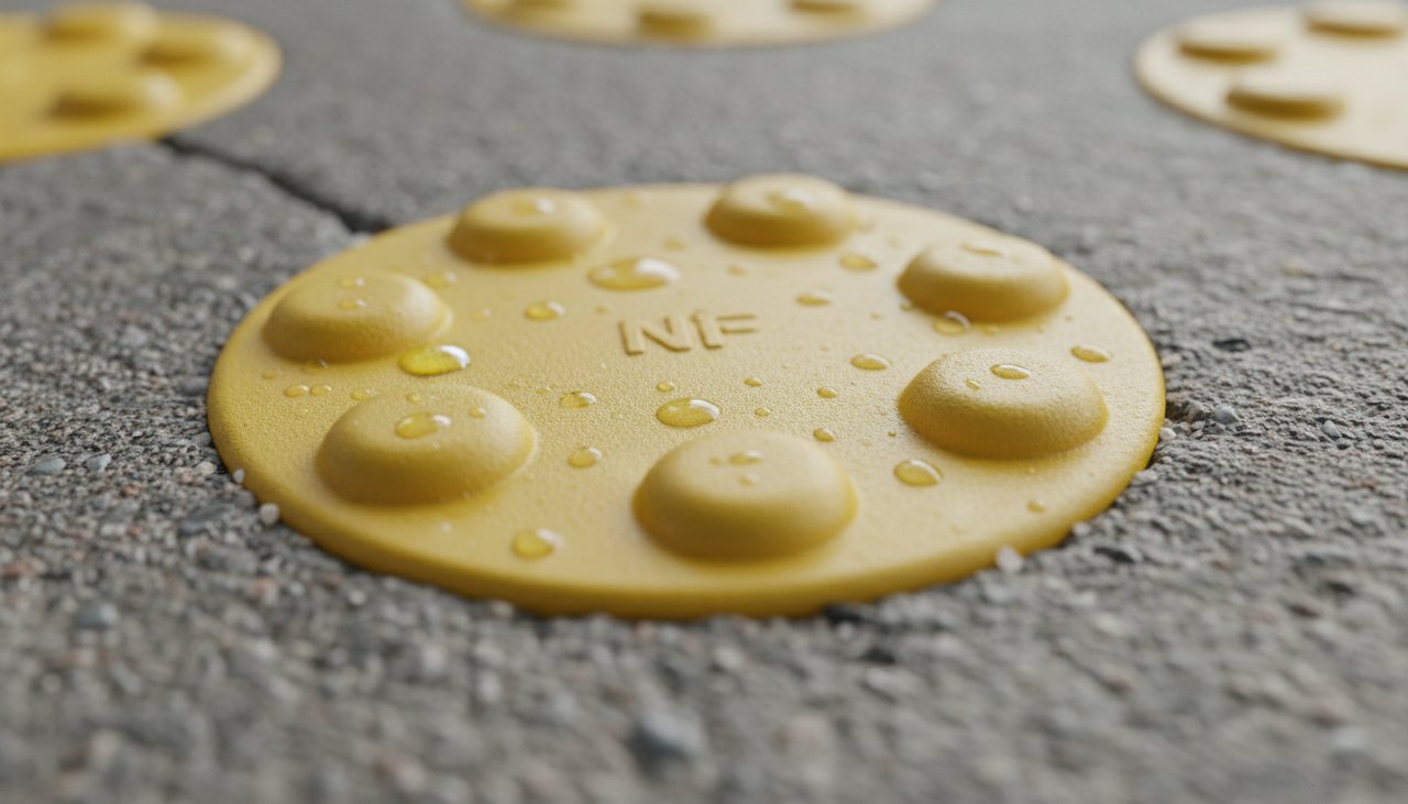 Détail des plots d'une bande podotactile jaune NF P98-351 sur trottoir béton