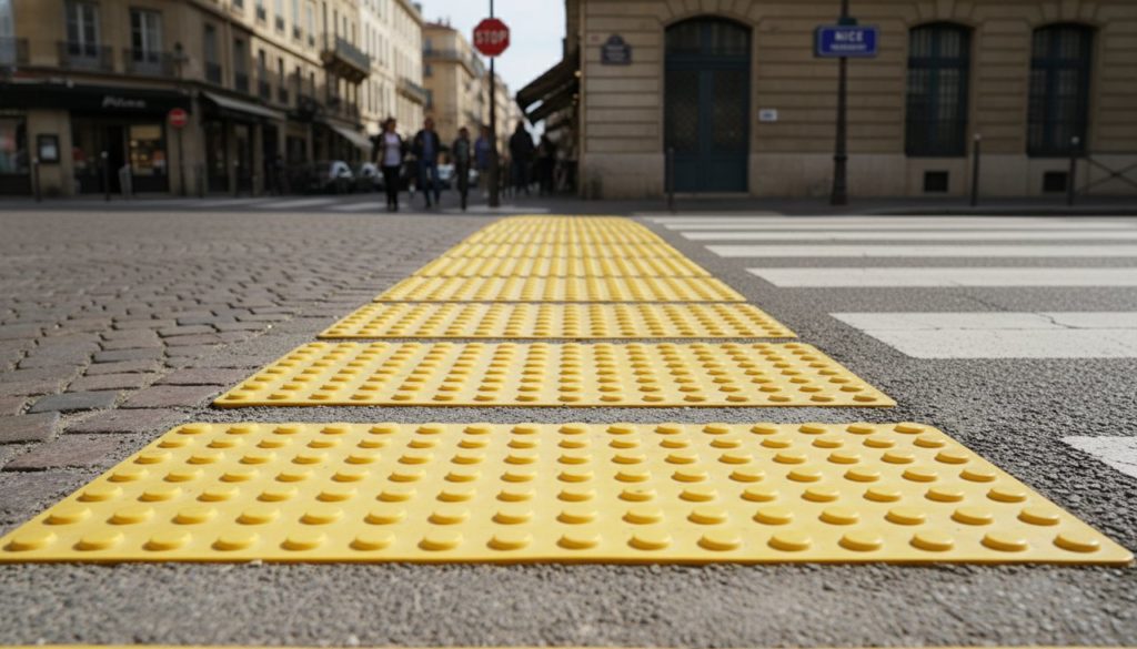 Bandes podotactiles jaunes d'éveil à la vigilance devant un passage piéton