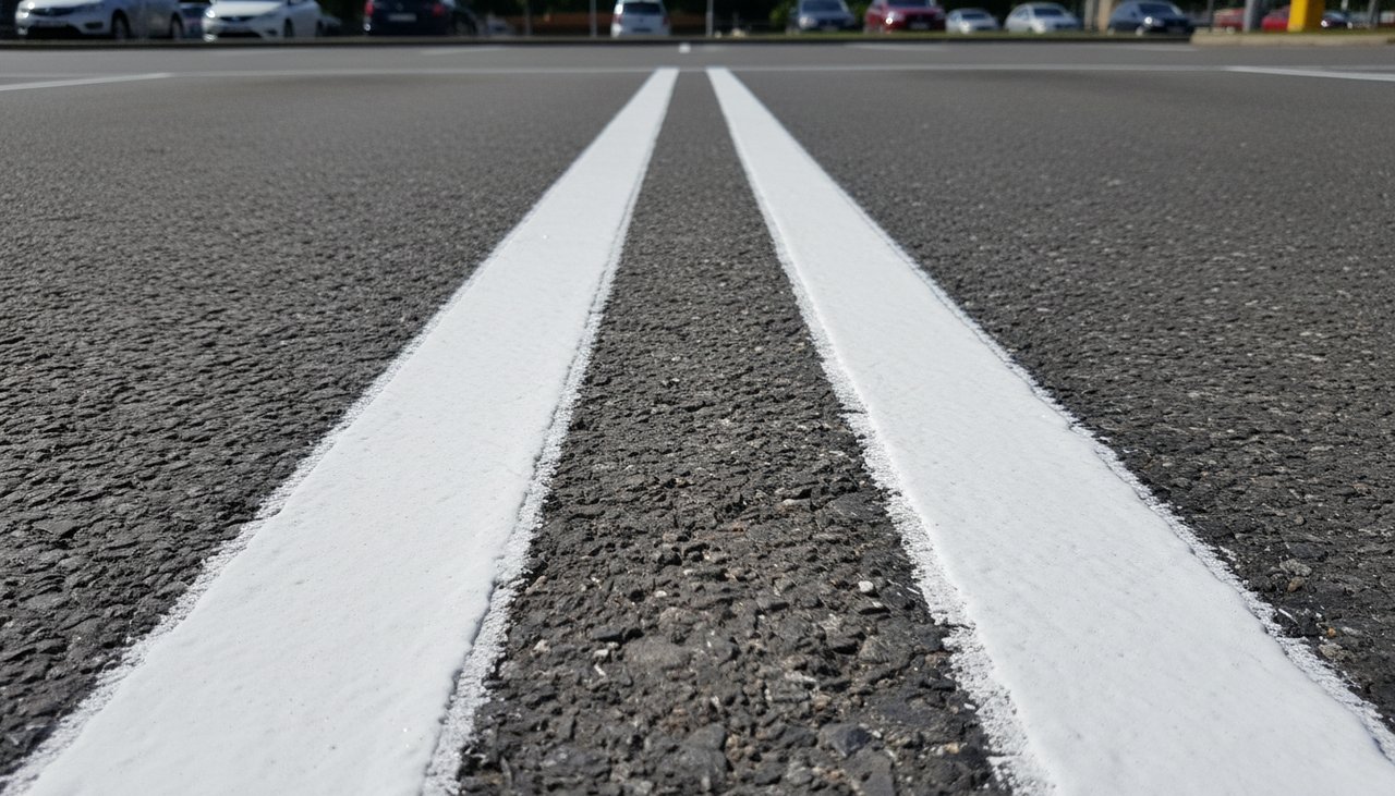 Détail de places de parking standard avec lignes blanches réglementaires, bonne visibilité nocturne