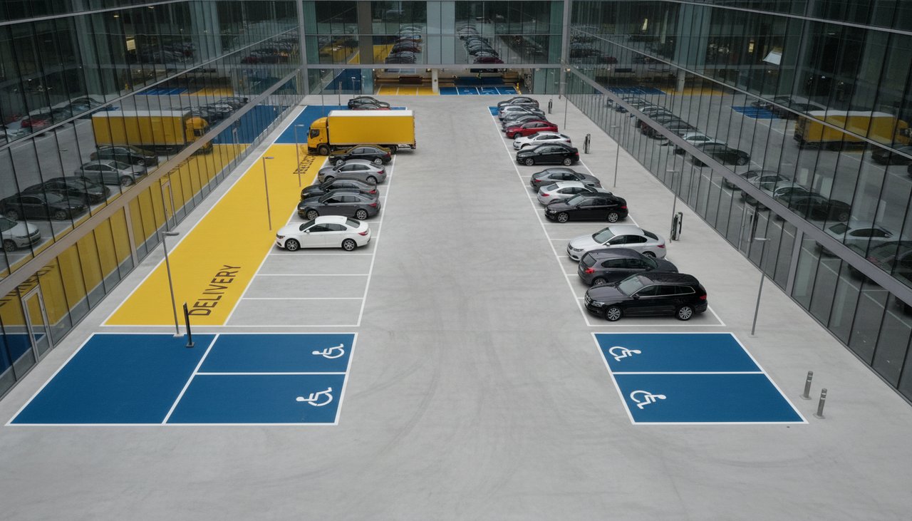 Parking avec code couleur complet : blanc, bleu PMR, jaune réservé et vert véhicules électriques