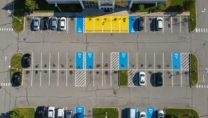 Vue détaillée d'un parking privé avec différentes couleurs de marquage : blanc standard, bleu PMR, jaune réservé