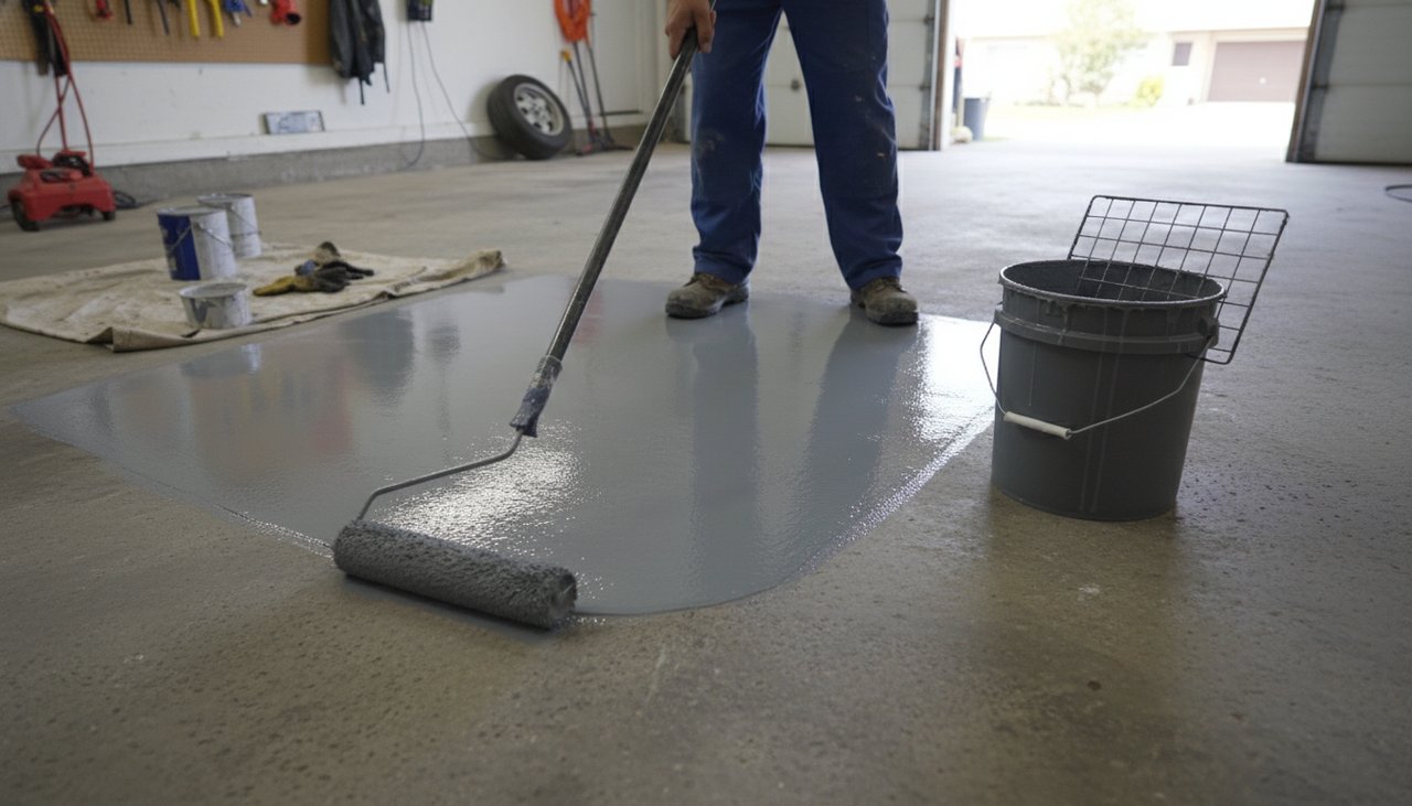 Application au rouleau d une peinture epoxy gris clair sur un sol beton de garage