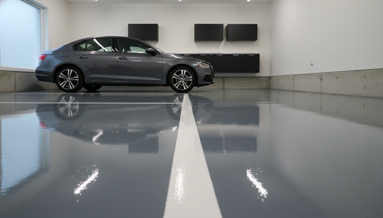 Sol garage termine avec peinture epoxy gris brillante et marquage au sol blanc pour stationnement