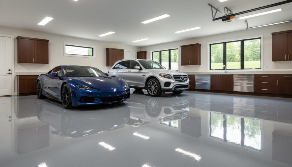 Sol garage residentiel beton fraichement peint en epoxy gris brillant avec voitures stationnees