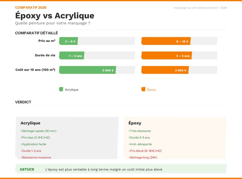 Infographie comparatif époxy vs acrylique pour marquage au sol