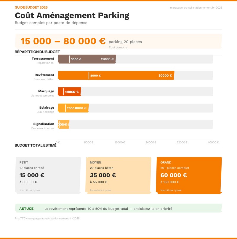 Infographie coût aménagement parking - répartition budget 2026