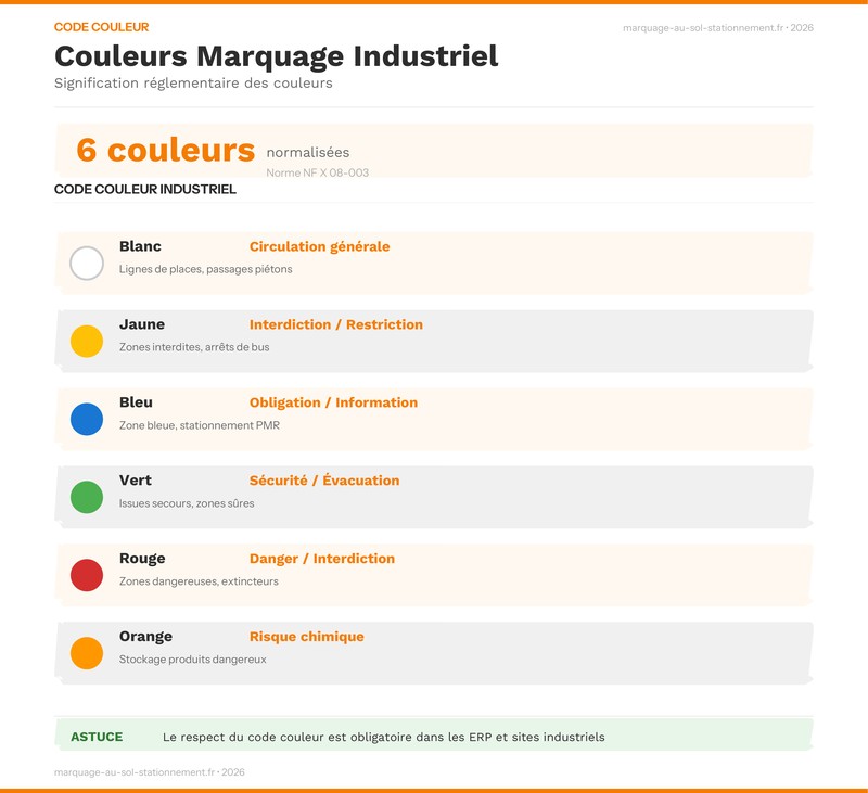Infographie code couleur marquage au sol industriel - norme NF X 08-003