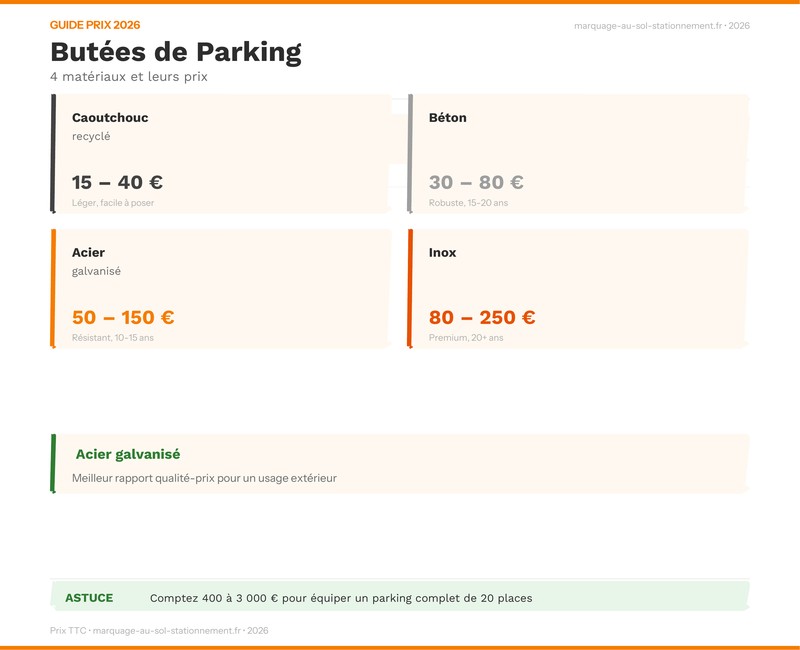 Infographie prix butées de parking par matériau - guide 2026
