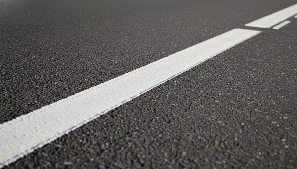 Gros plan sur une ligne blanche continue marquée sur l'asphalte d'une route