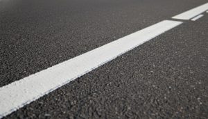 Gros plan sur une ligne blanche continue marquée sur l'asphalte d'une route