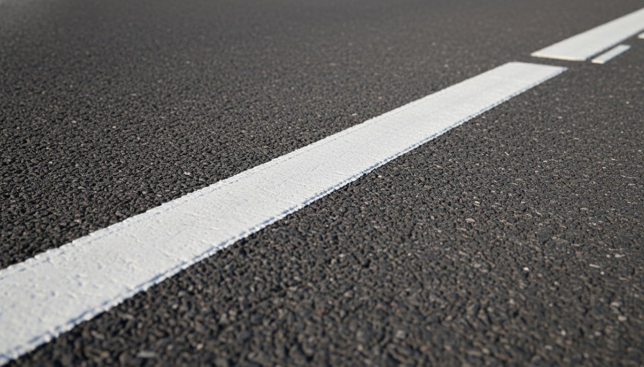 Gros plan sur une ligne blanche continue marquée sur l'asphalte d'une route