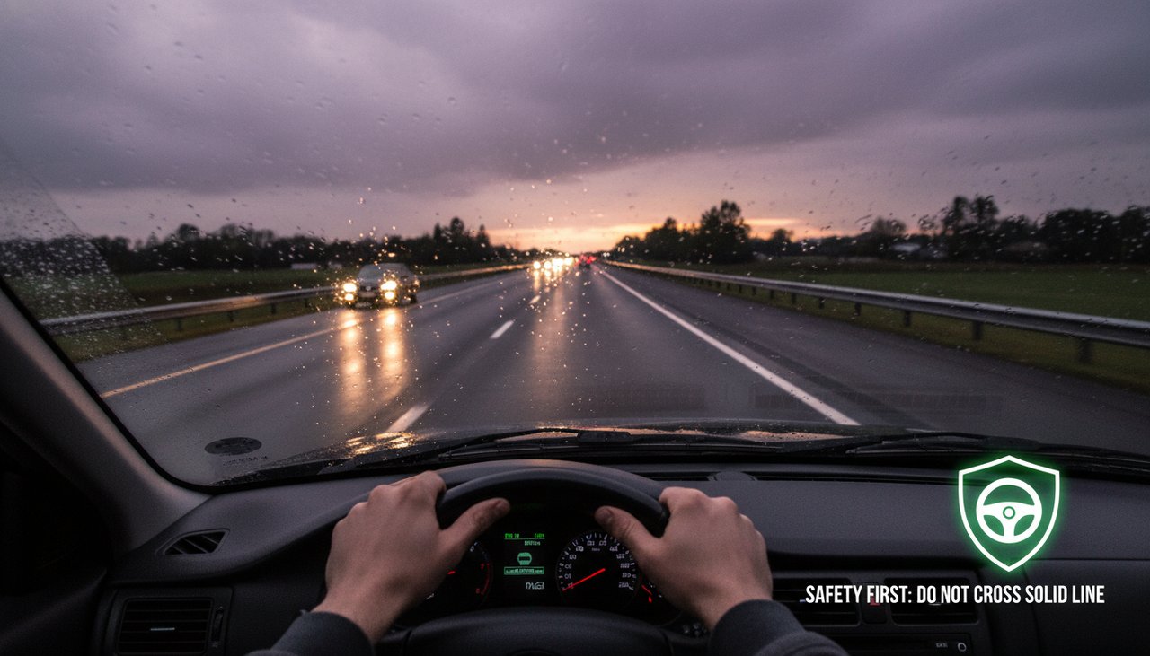 Vue du conducteur montrant une ligne blanche continue au centre de la route avec circulation en sens opposé