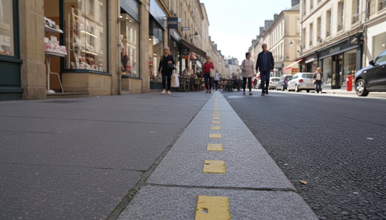 Ligne jaune discontinue au bord d'une rue commerçante en centre-ville