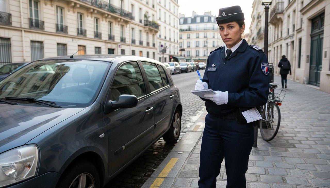Véhicule en stationnement sur ligne jaune avec agent de police verbalisant le conducteur