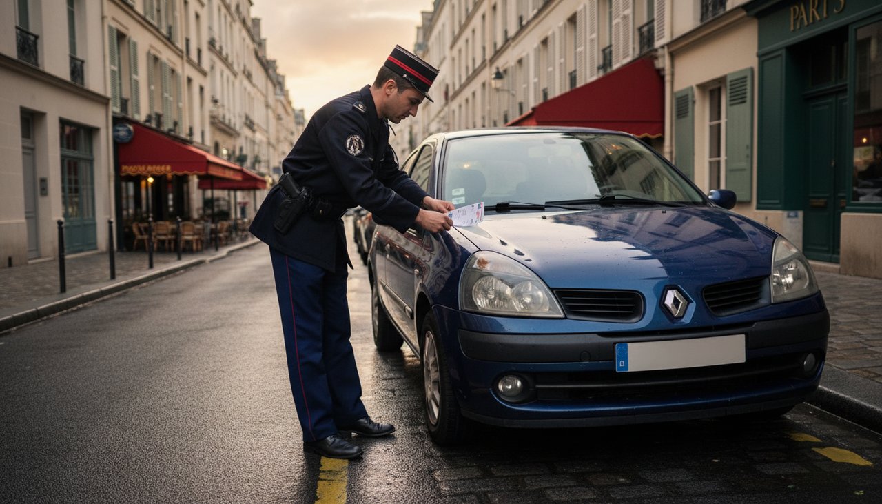 Véhicule garé en infraction sur une ligne jaune continue avec agent de police verbalisant