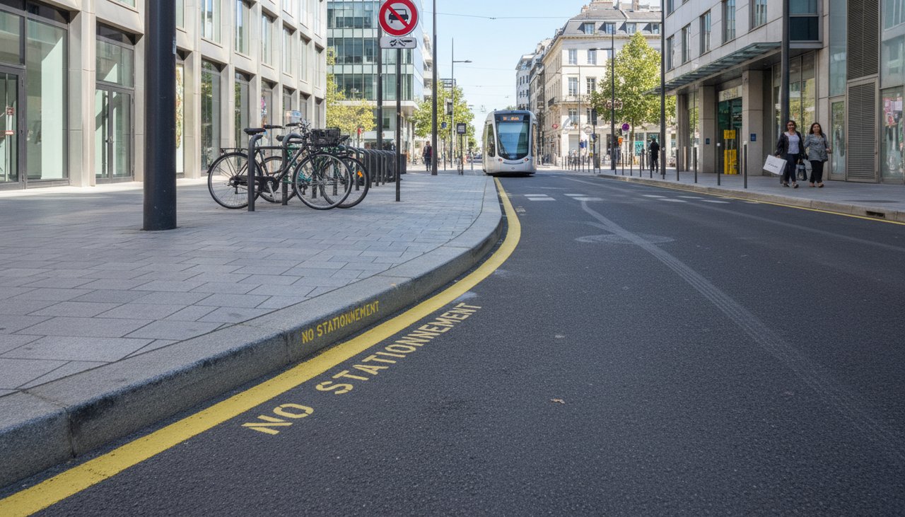 Ligne jaune continue peinte au bord d'un trottoir interdisant le stationnement