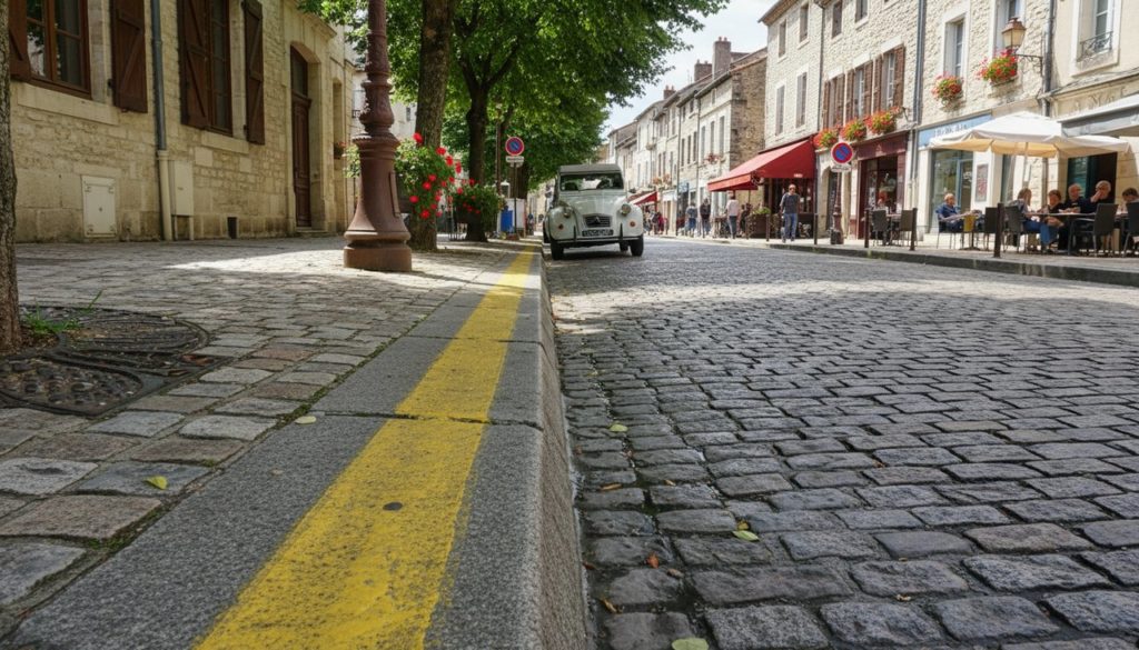 Ligne jaune continue peinte au sol le long d'un trottoir en ville française indiquant le stationnement interdit